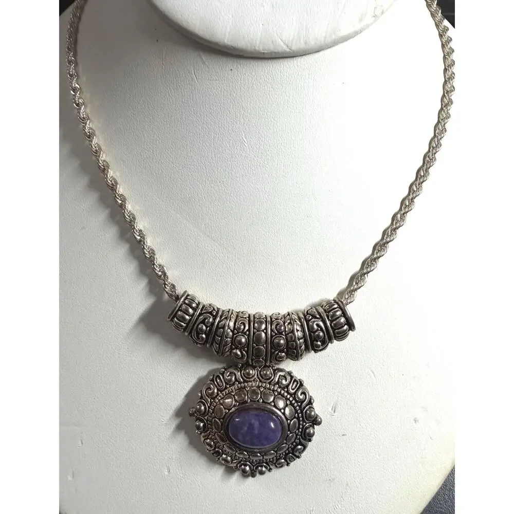 Silver Amethyst Statement Pendant Necklace